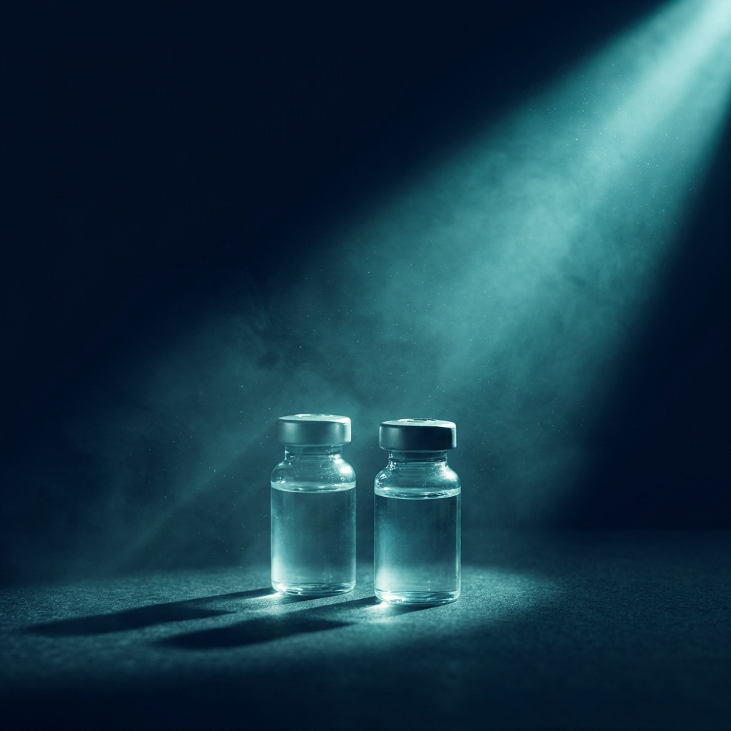 Vials under teal light, representing biomarker testing