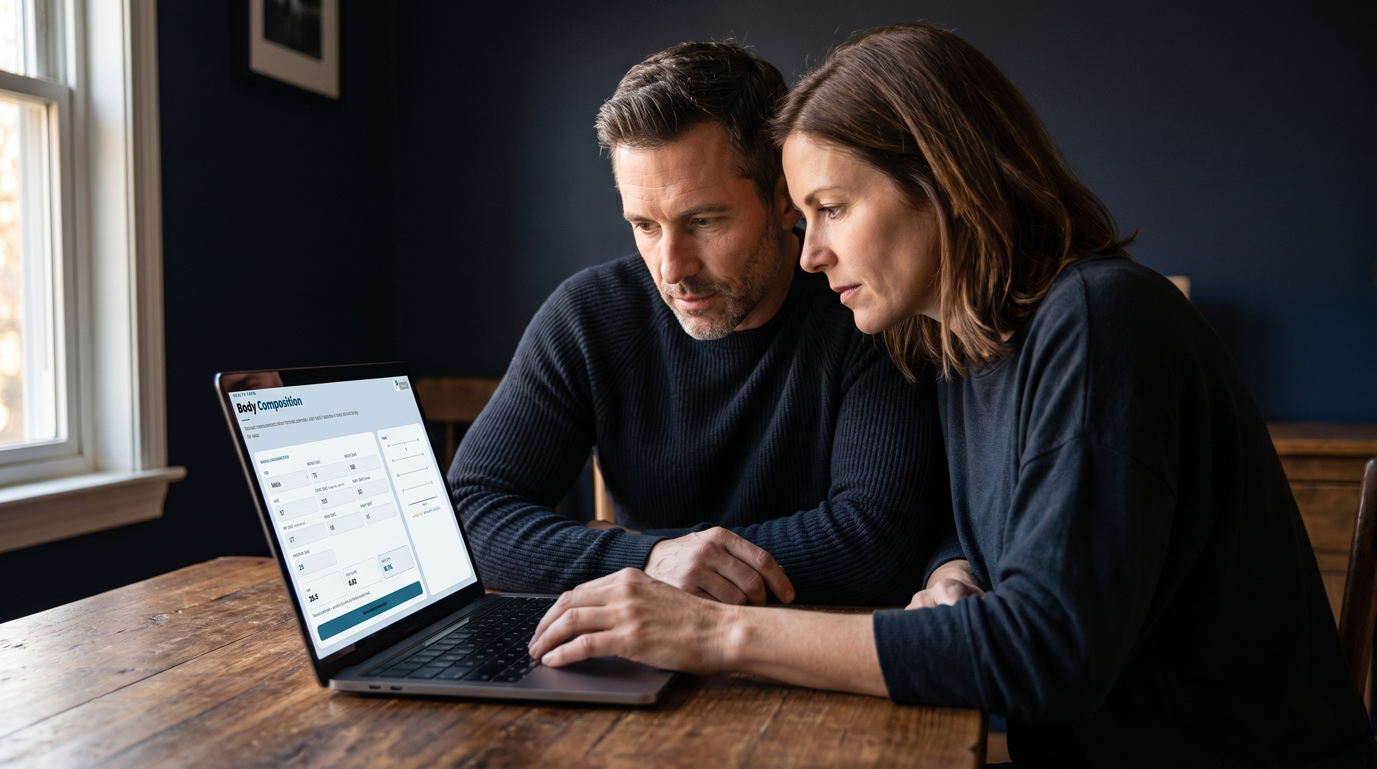 Couple reviewing biomarker body composition dashboard on laptop