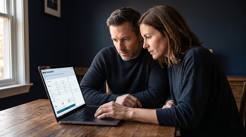 Couple reviewing biomarker body composition dashboard on laptop